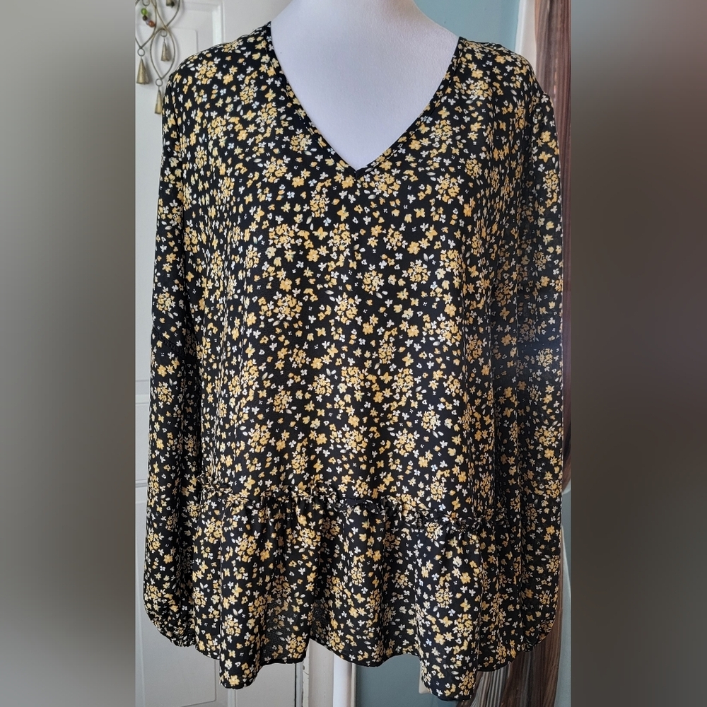 Pleione Anthropologie Oversized Peplum Top Womens L Black Yellow Floral Semi She